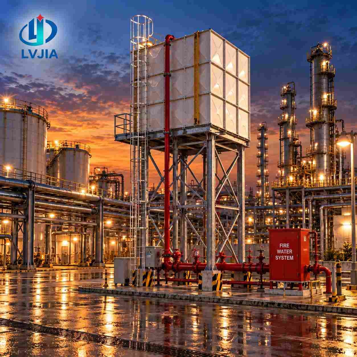 HDG galvanized fire water tank on a steel tower at a chemical plant at sunset
