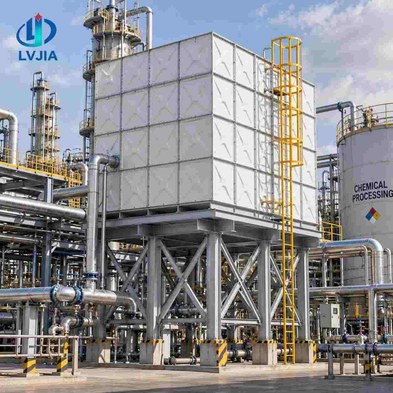 Insulated galvanized steel water tank on a stand at a chemical plant