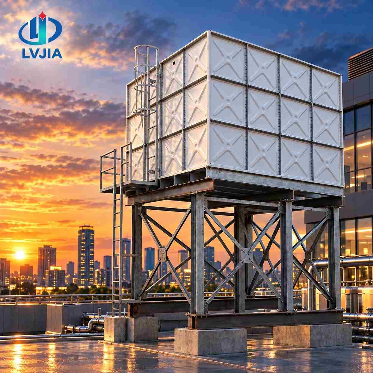 Galvanized steel water tank on a rooftop stand at sunset