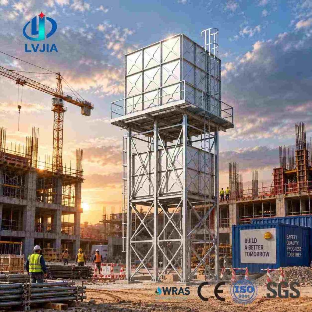 Portable galvanized water tank set up on a construction site