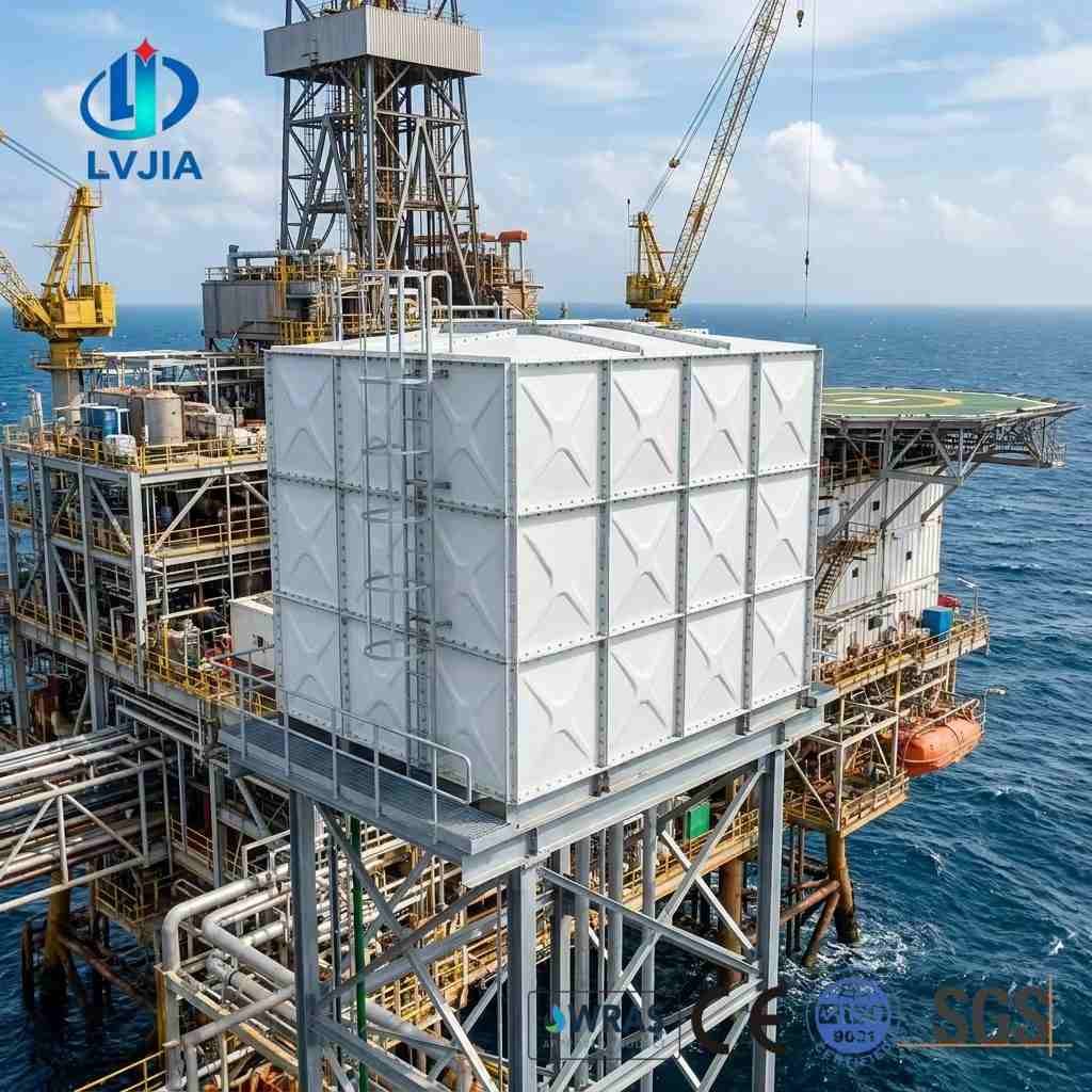 Galvanized steel water tank on an offshore platform