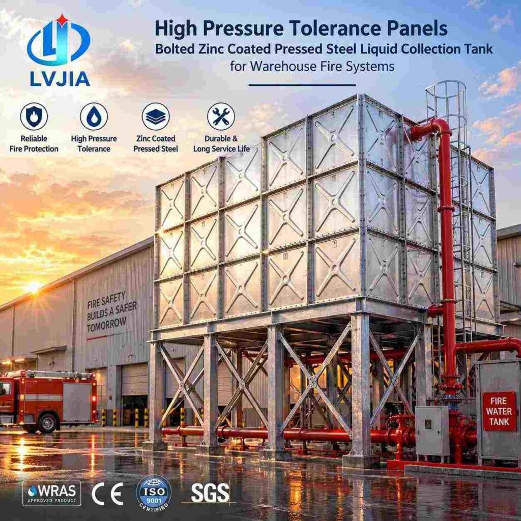 Galvanized fire water tank supplying a warehouse sprinkler system