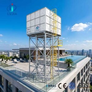 Galvanized Water Reservoir Tank, Warehouse — galvanized water reservoir tank — completed installation ready for commissioning