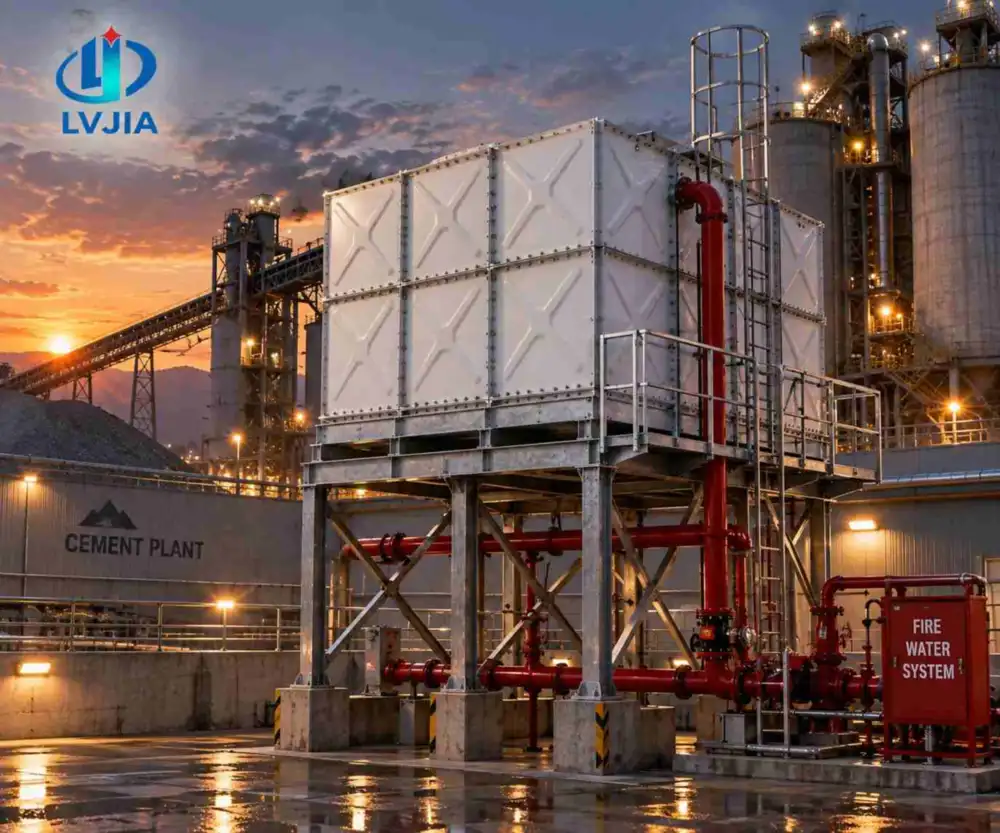 Galvanized fire reserve water tank with red fire pipework at dusk