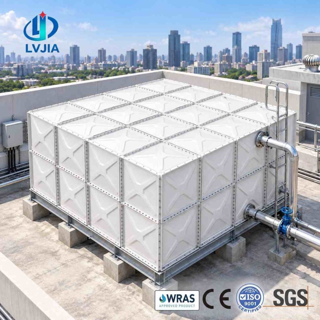 Galvanized water tank for buildings installed in a high rise plant room
