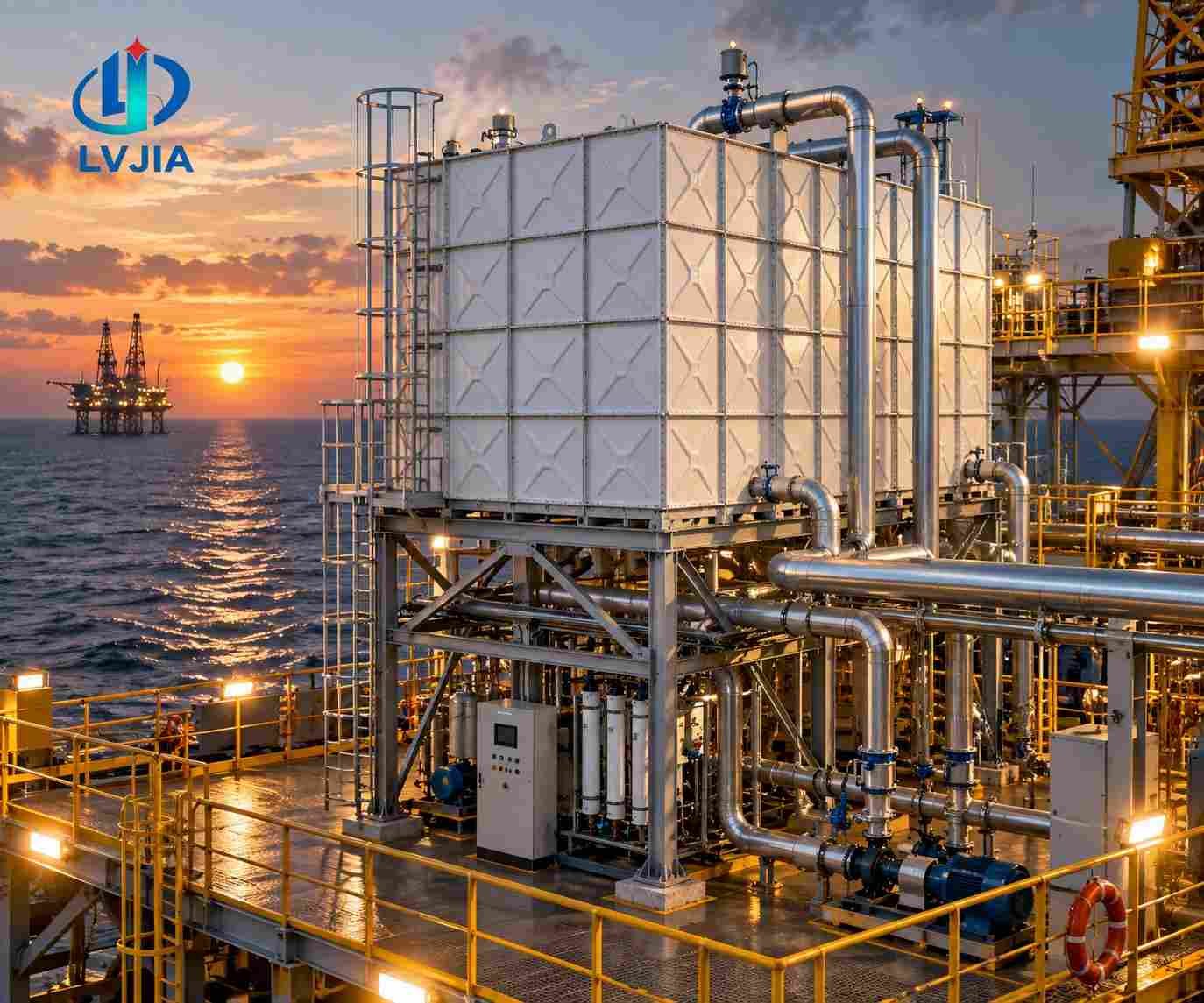 HDG sectional water tank on an offshore platform at sunset