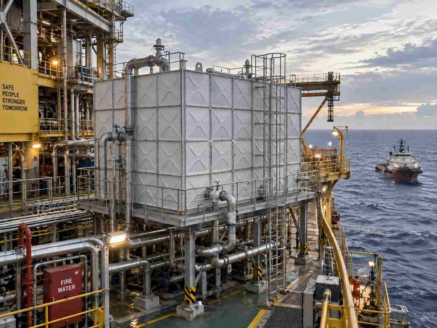 Hot-dip galvanized sectional water tank installed on an offshore platform