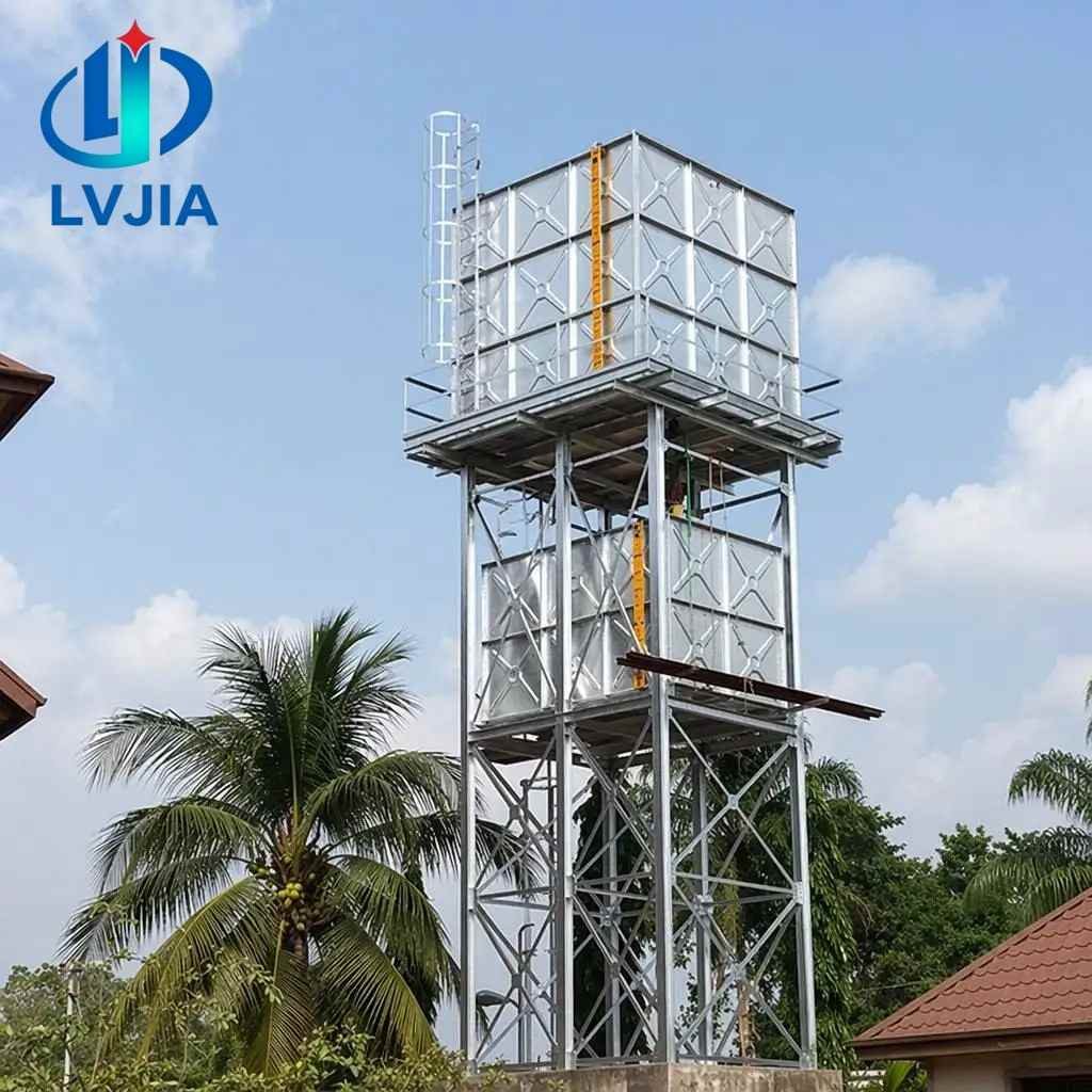 Galvanized water tank on a tall steel tower among palm trees