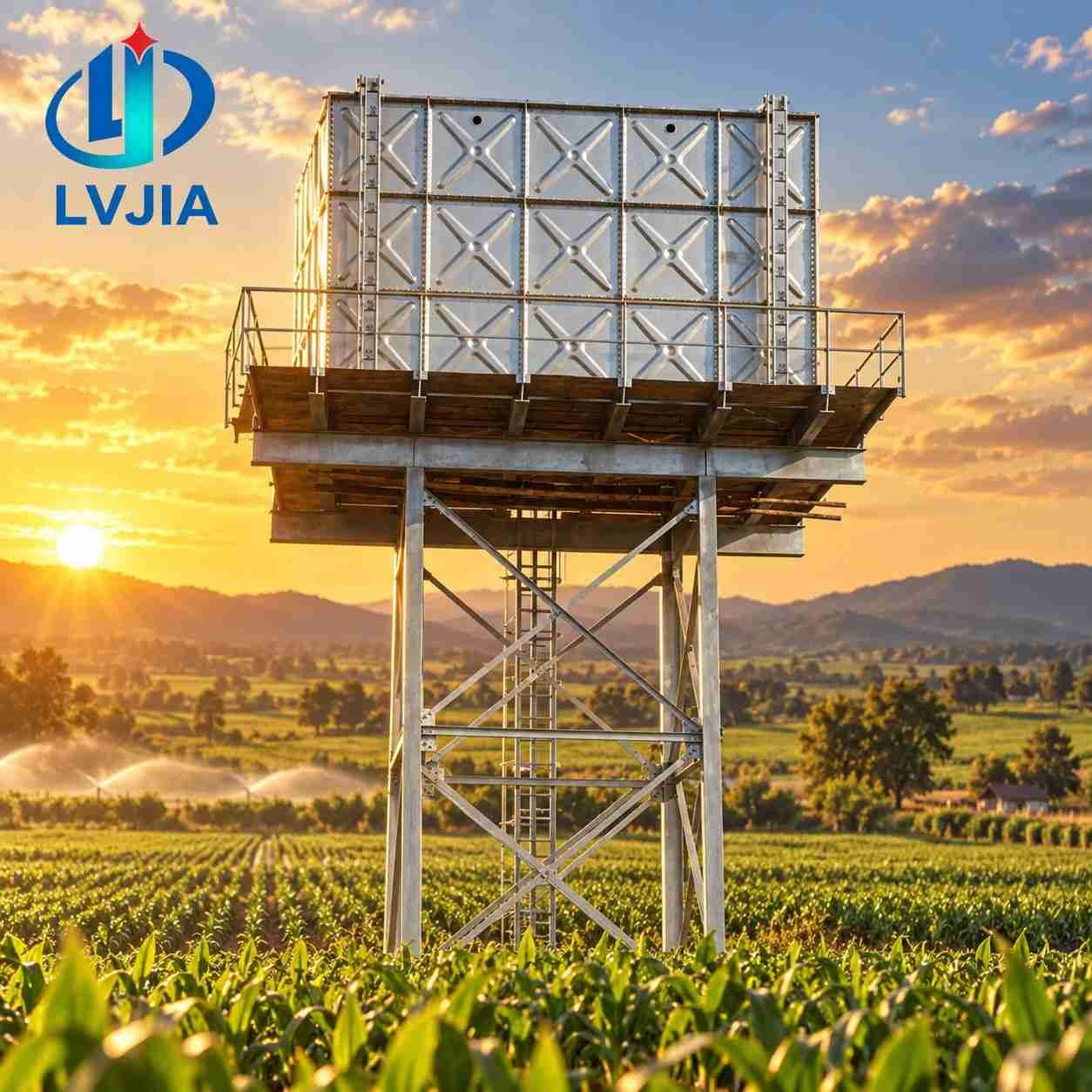 Galvanized rainwater tank on a stand above farm fields at sunset