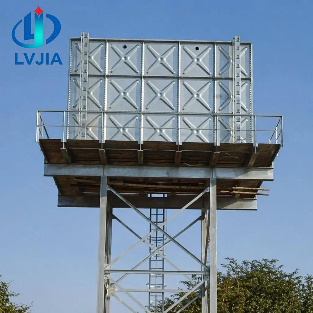 Pressed steel panel water tank on an elevated platform