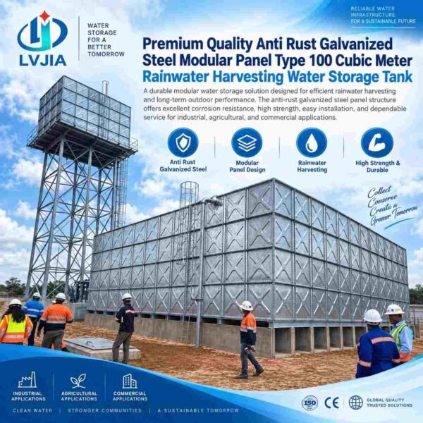 Modular Galvanized Water Tank, 100 m&sup3; — modular galvanized water tank — installed on site before backfill