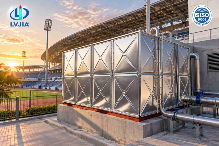 Modular Galvanized Water Tank, 100 m&sup3; — modular galvanized water tank — panel detail showing the bolted, gasketed joint