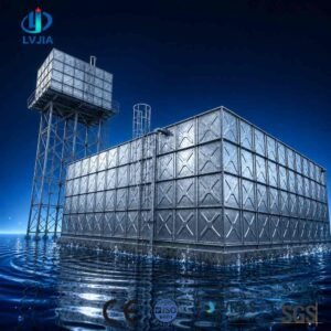 Modular Galvanized Water Tank, 100 m&sup3; — modular galvanized water tank — sectional panels being assembled on site