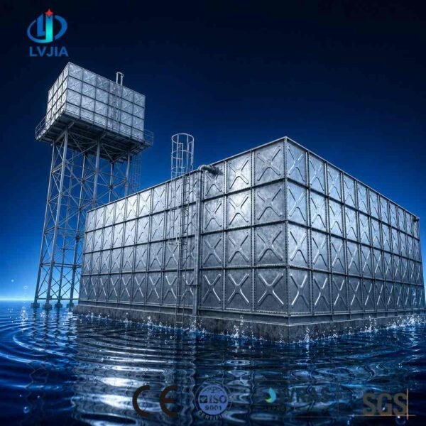Modular Galvanized Water Tank, 100 m&sup3; — modular galvanized water tank — sectional panels being assembled on site
