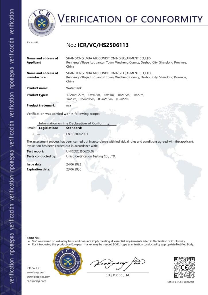 CE Verification of Conformity ICR/VC/HS2506113 to EN 13280:2001 for LVJIA water tanks