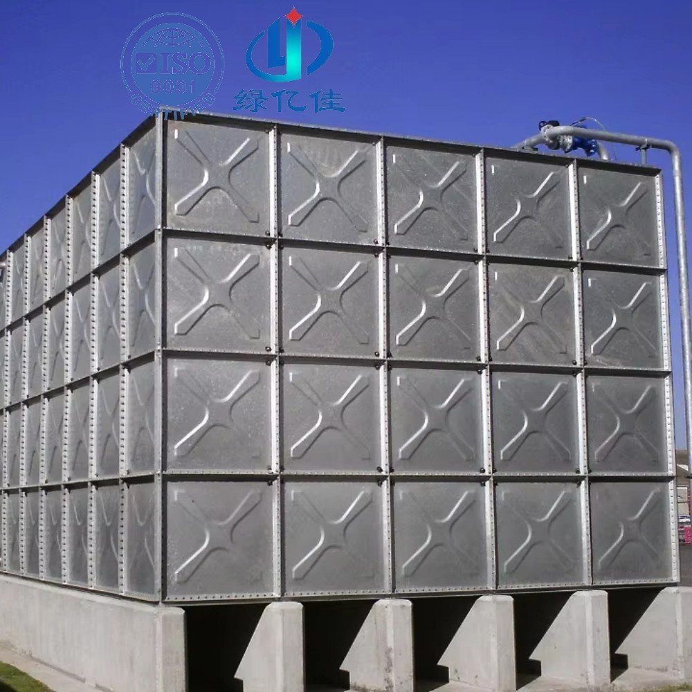 Hot-dip galvanized bolted sectional water tank of the size used for a large reserve such as a warehouse fire water tank