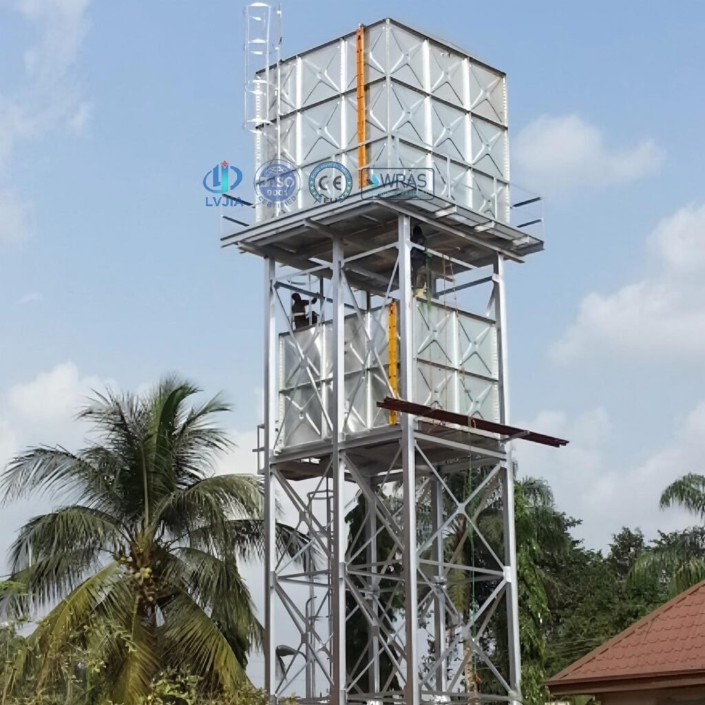 Hot-dip galvanized sectional water tank on an elevated steel tower