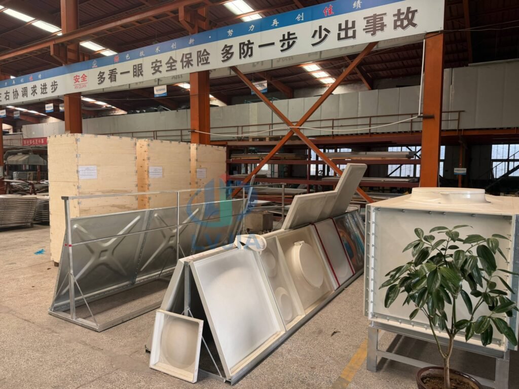Stock of hot-dip galvanized water tank panels in the LVJIA workshop