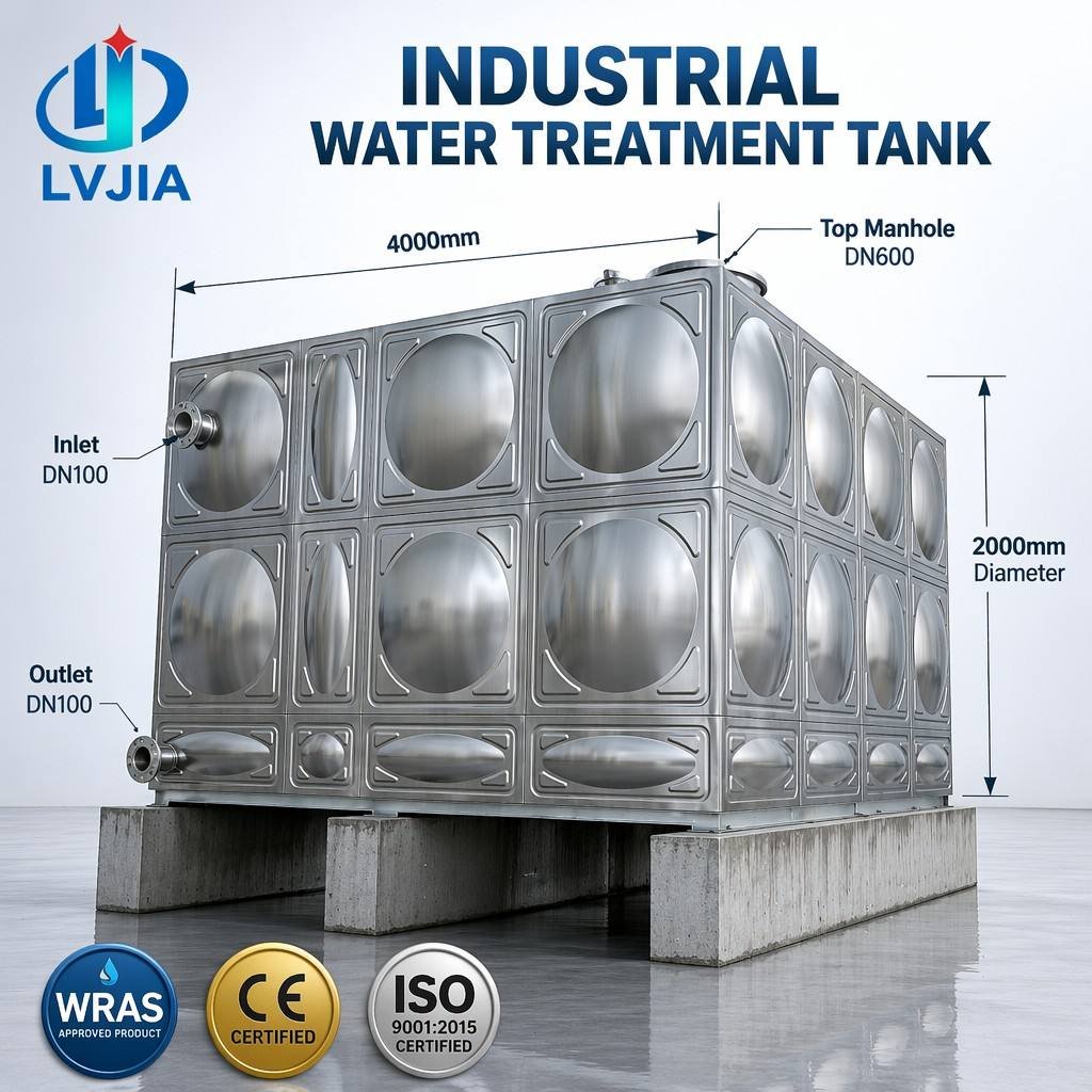 LVJIA stainless steel water treatment tank — installed on site and ready for commissioning