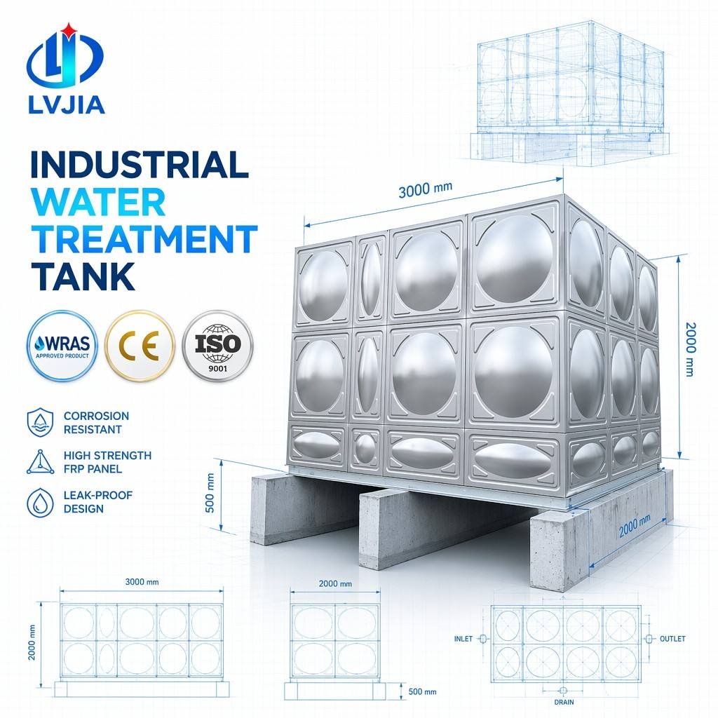 LVJIA stainless steel water treatment tank — panel surface and edge detail