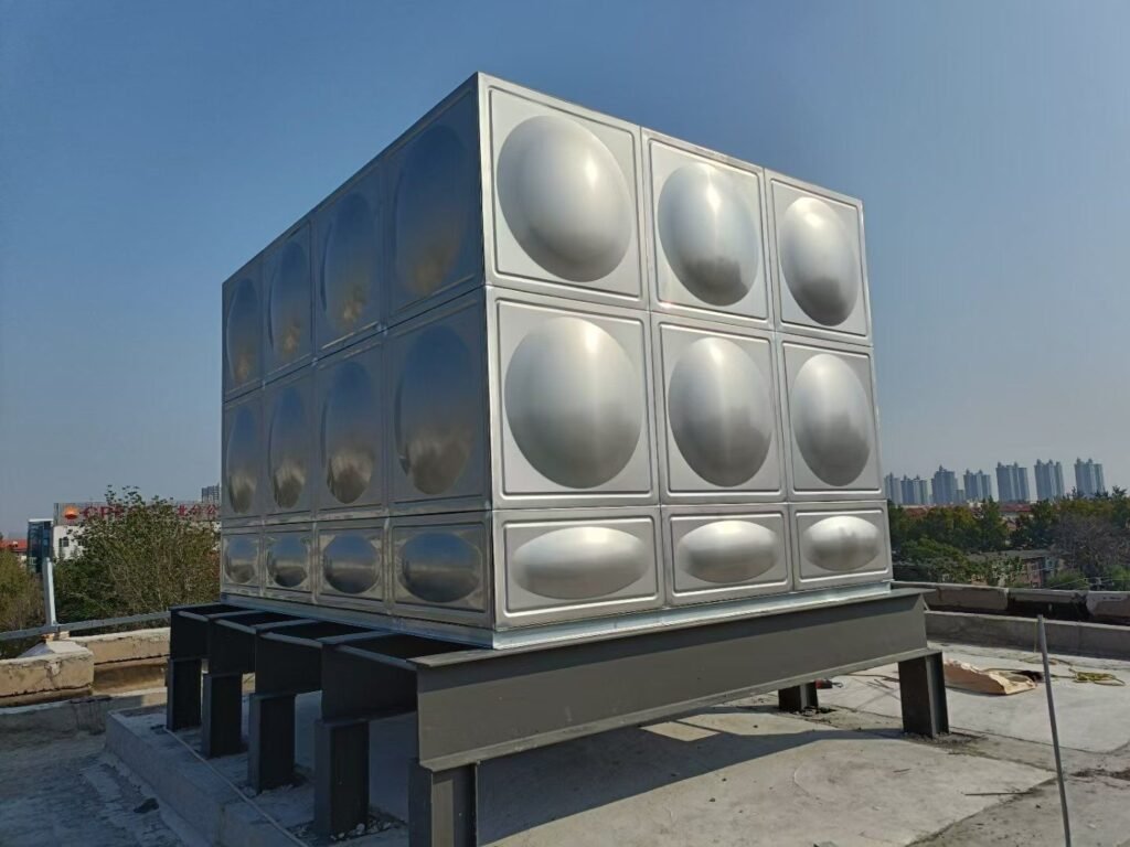 Stainless steel panel water tank on a raised steel frame