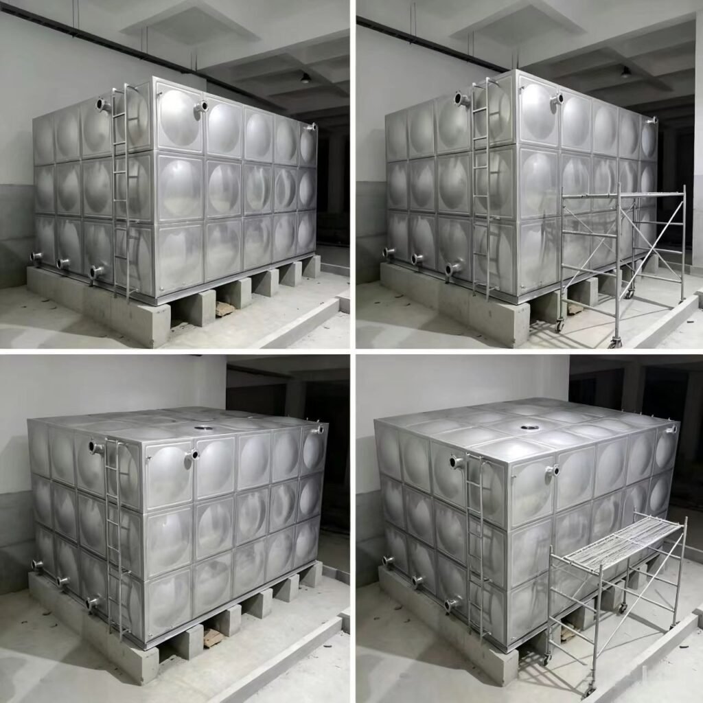 Four views of a stainless steel sectional water tank