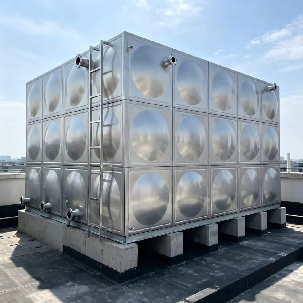 Stainless steel water tank on a concrete plinth with inspection ladder and manway