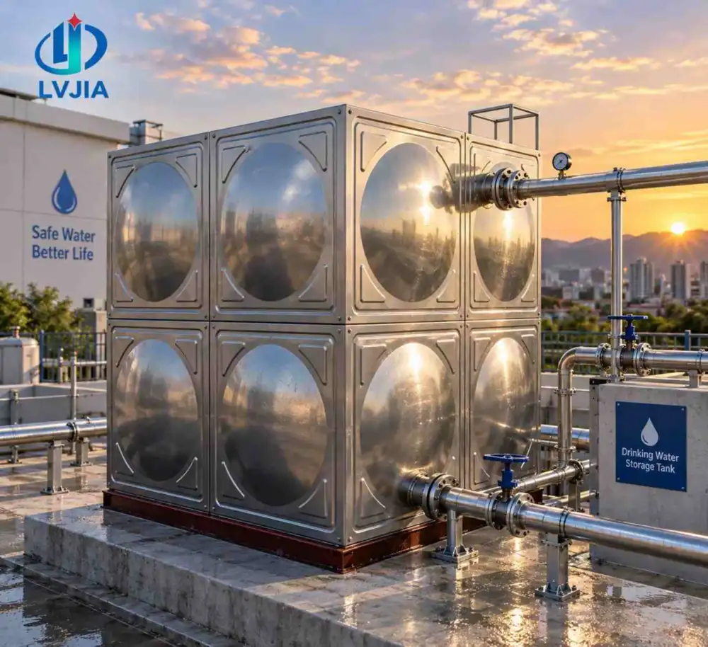 SS304 stainless steel drinking water tank with pipework at sunset