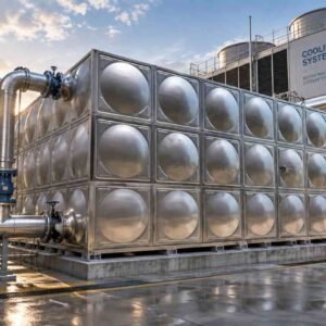 Depósito de agua de acero inoxidable 316 reforzado — vista completa del depósito montado