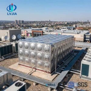 Welded Stainless Steel Water Tank, Argon Arc — welded stainless steel water tank — sectional panels being assembled on site