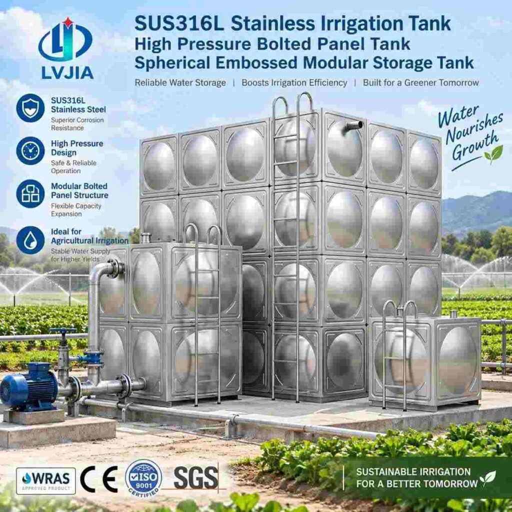 Stainless steel irrigation tank in embossed 316L beside an irrigated field