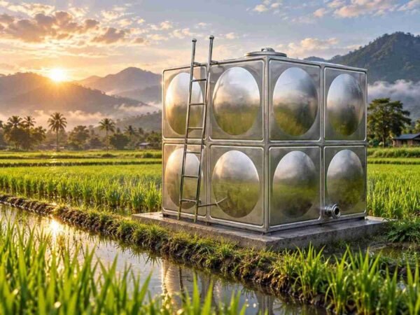 Stainless Steel Irrigation Tank, Embossed 316L — stainless steel irrigation tank — panel detail showing the bolted, gasketed