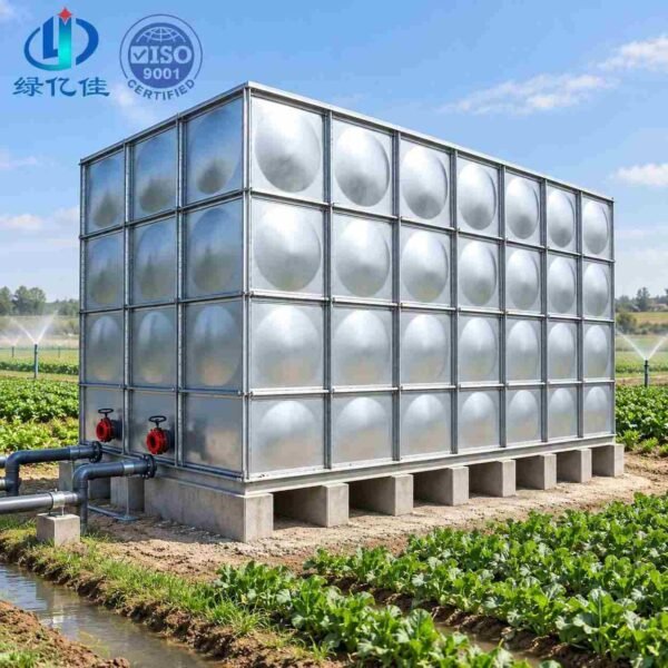 Stainless Steel Irrigation Tank, Embossed 316L — stainless steel irrigation tank — full elevation of the assembled tank
