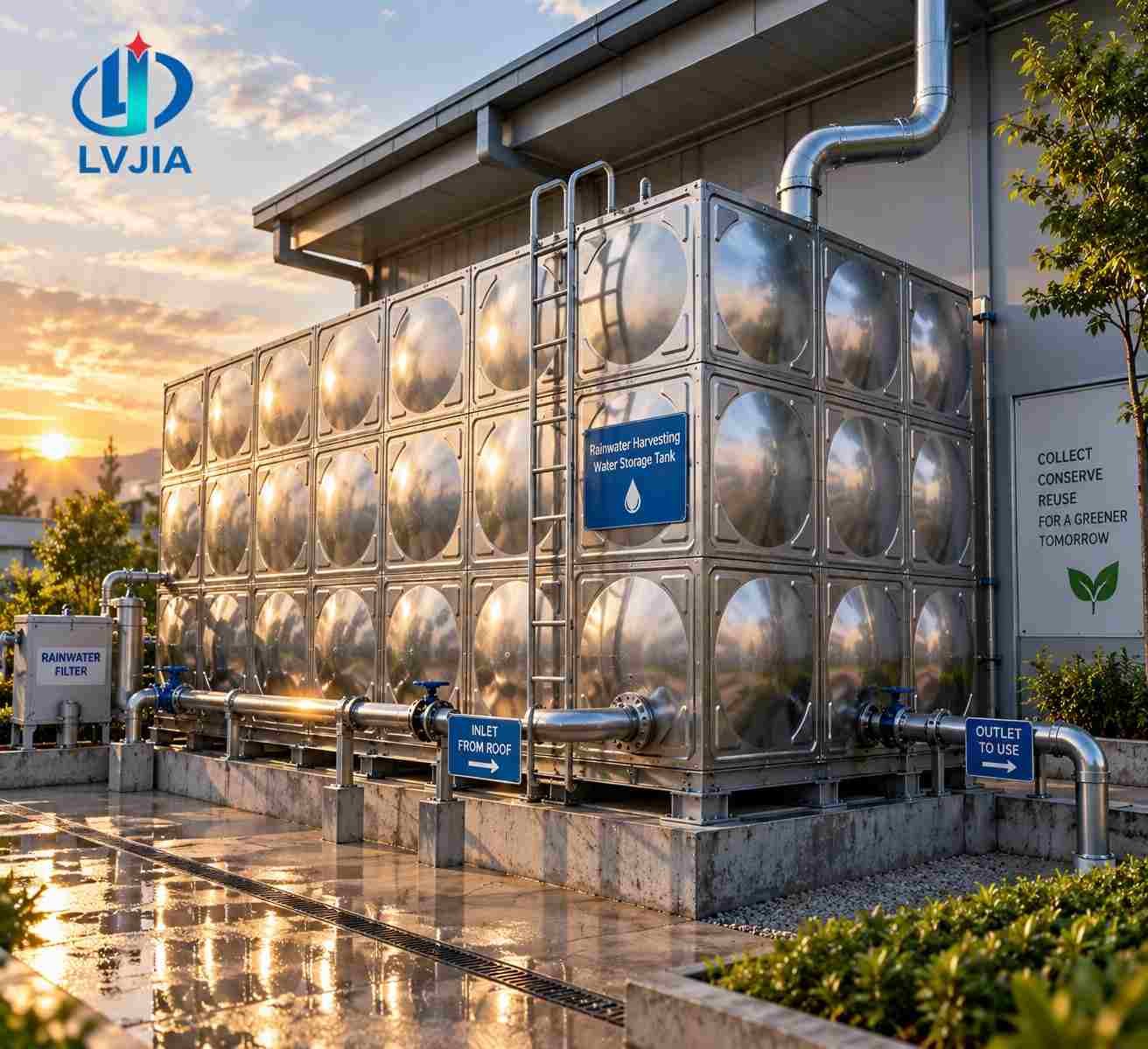 Stainless steel water tank with pipework beside a building at sunset