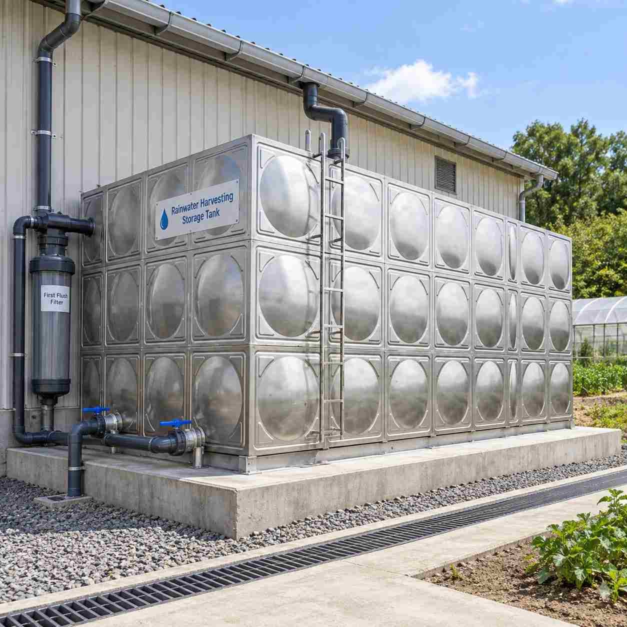 316L stainless steel water tank installed beside a building