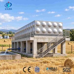 Stainless Steel Storage Tank, 200 m&sup3; — stainless steel storage tank — sectional panels being assembled on site