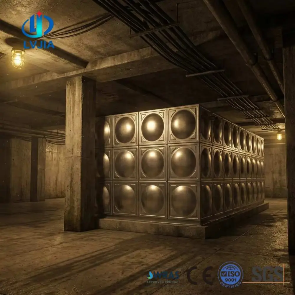 Insulated stainless steel water tank in a plant room