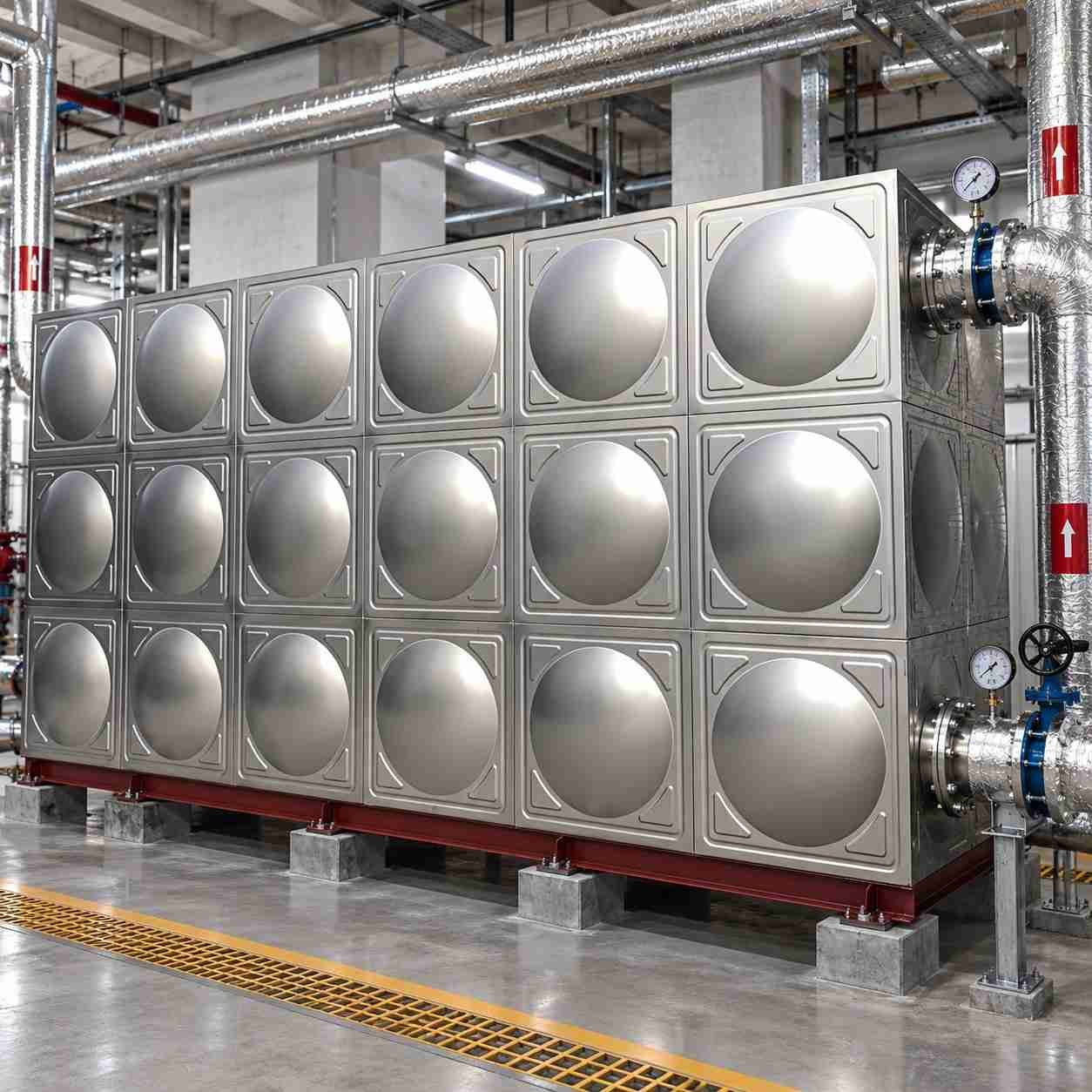 Stainless steel sectional water tank inside an industrial plant hall