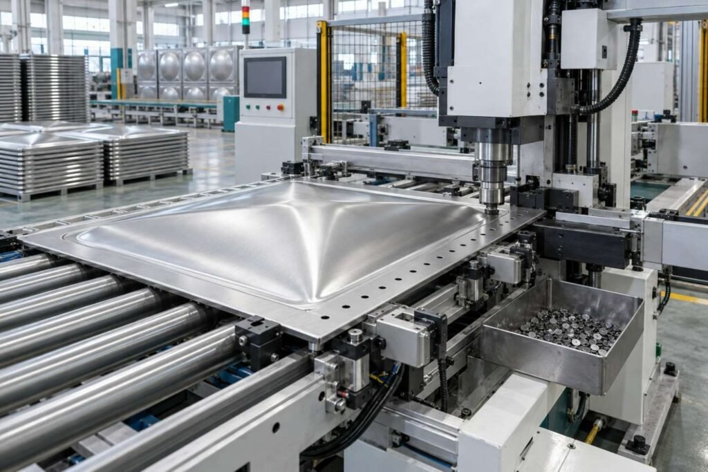 Automatic punching machine making bolt holes in a water tank panel