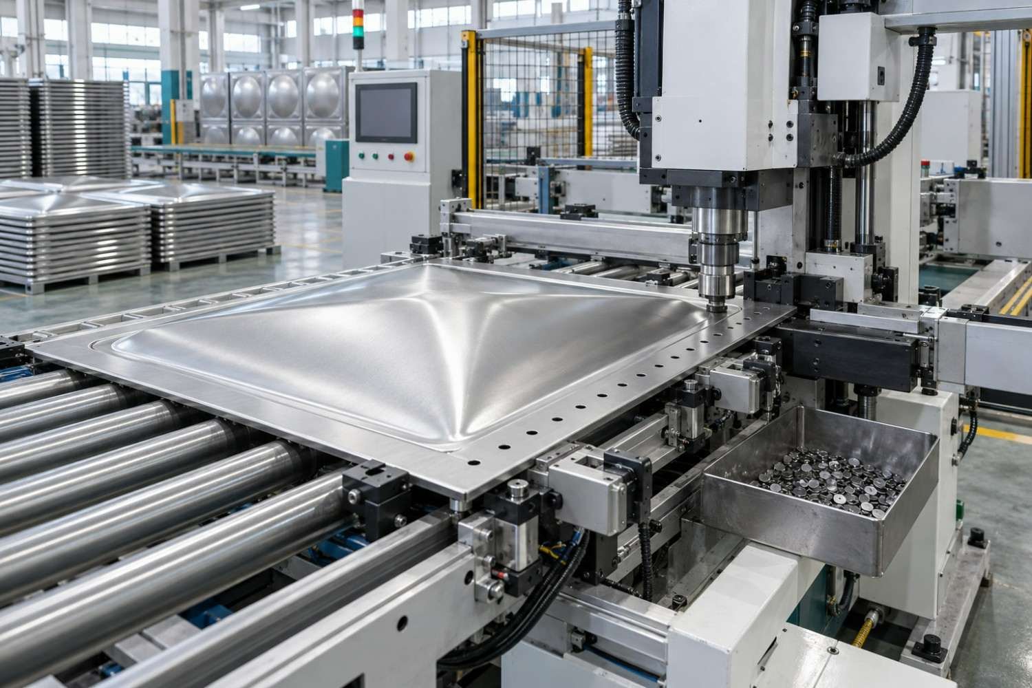 Automatic punching machine making bolt holes in a water tank panel