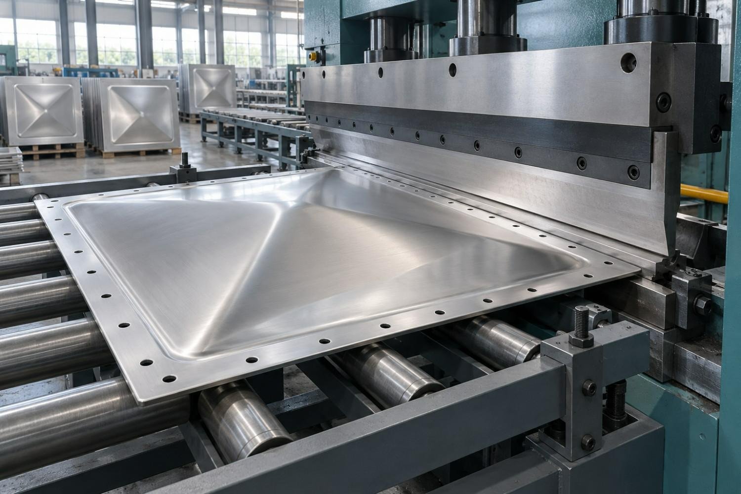 Edge press forming the bolting flange of a steel water tank panel