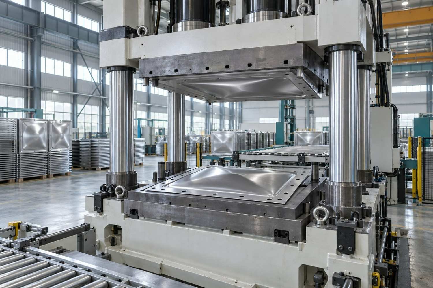 Hydraulic press forming a steel panel at the Dezhou plant behind this water tank manufacturer profile