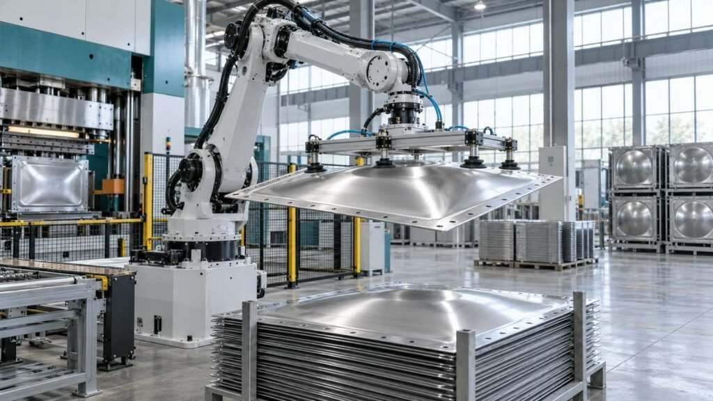 Robot arm lifting a pressed steel water tank panel on the LVJIA production line