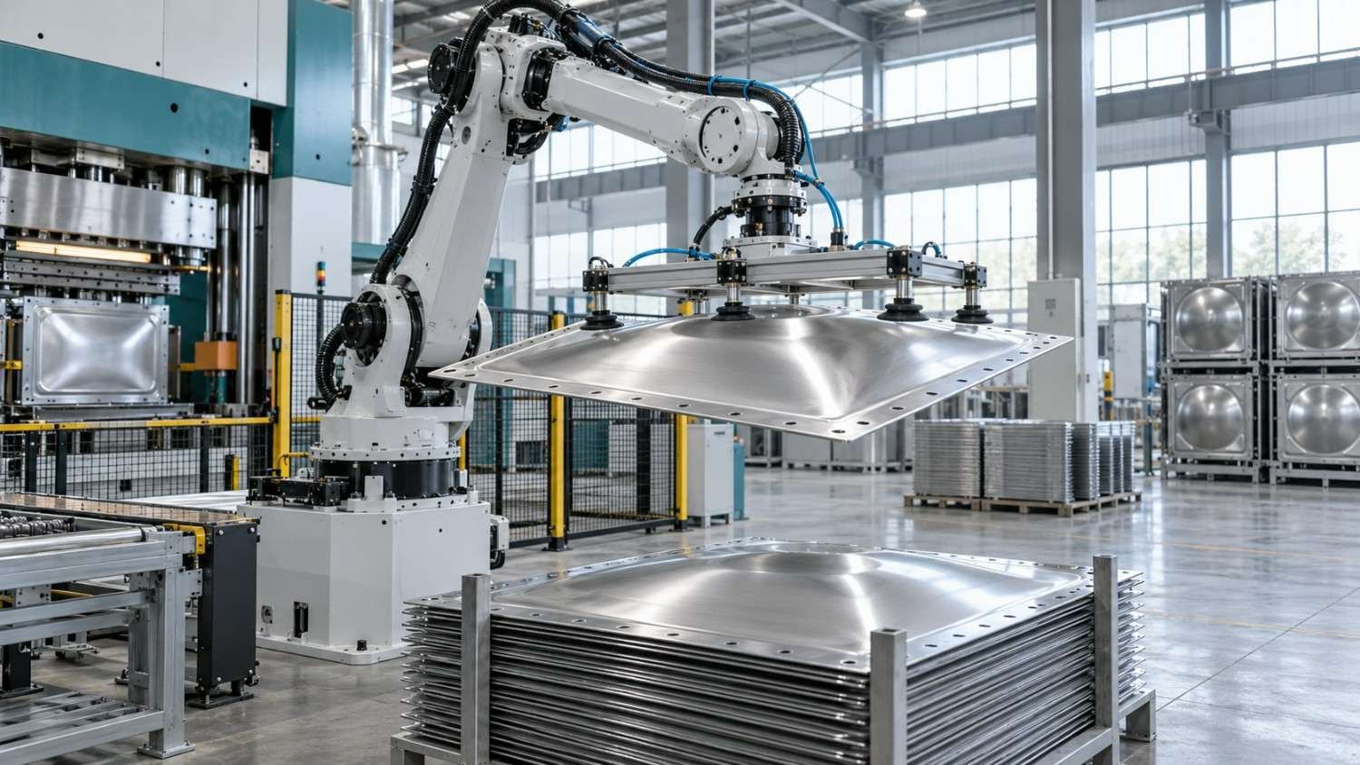 Robot arm lifting a pressed steel water tank panel on the LVJIA production line