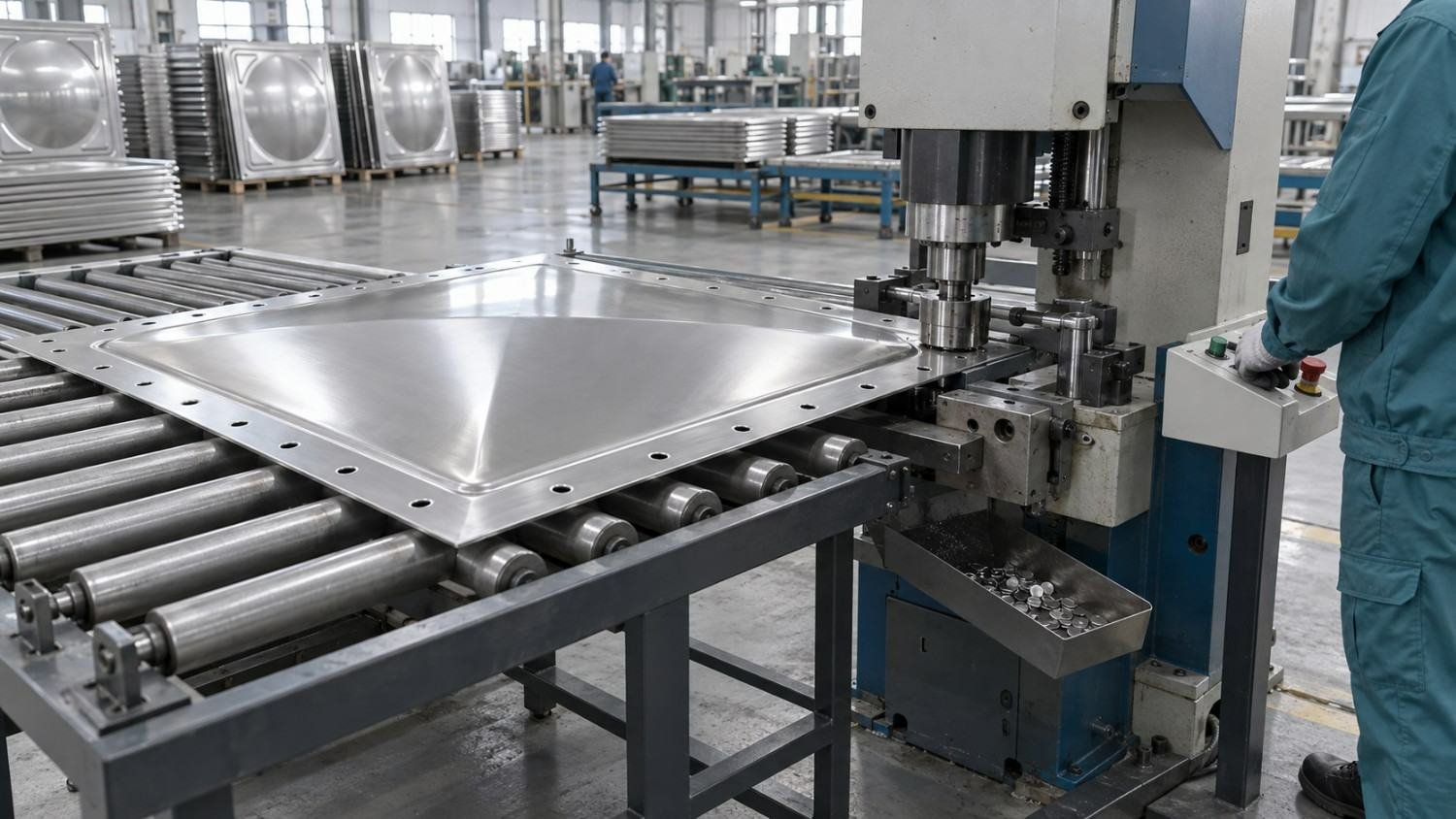 Operator running a semi-automatic punching machine on a water tank panel