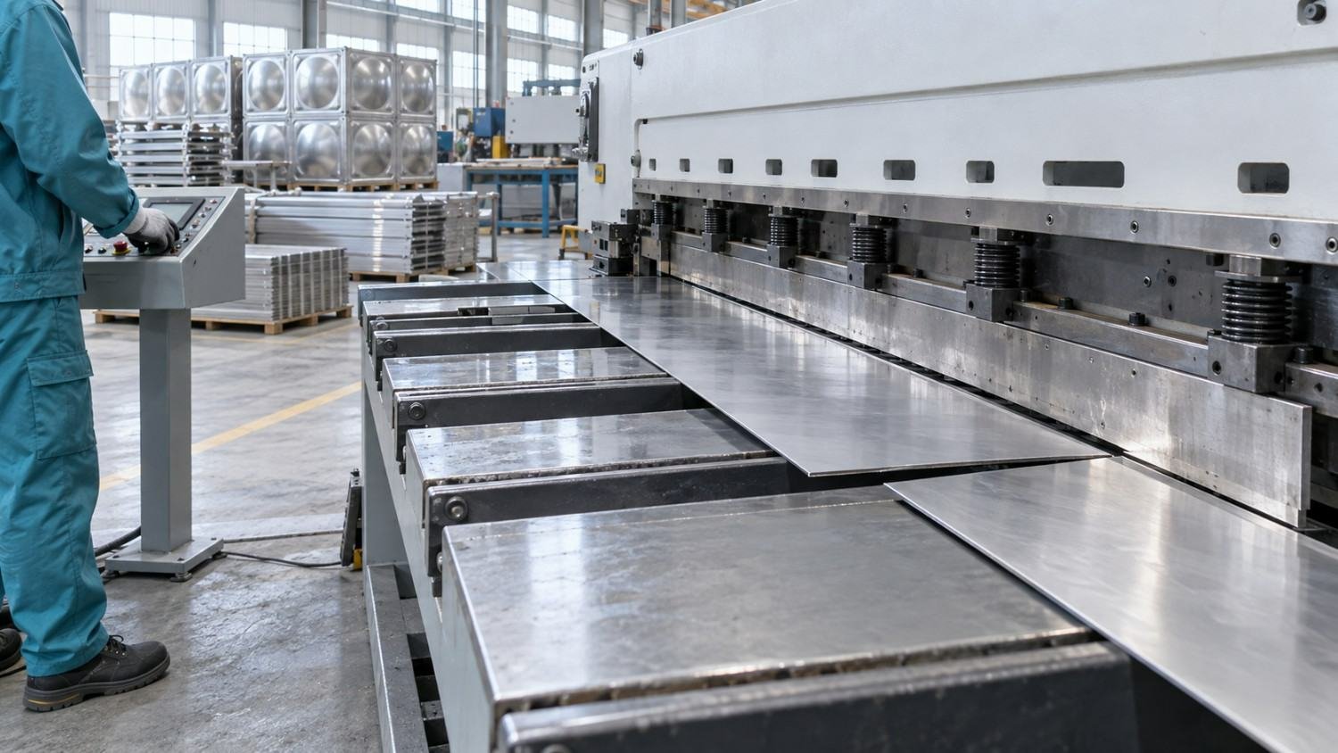 Worker feeding steel plate into a cutting machine for water tank parts