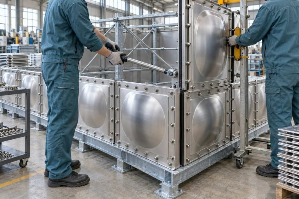 Workers bolting a steel panel water tank onto its base frame