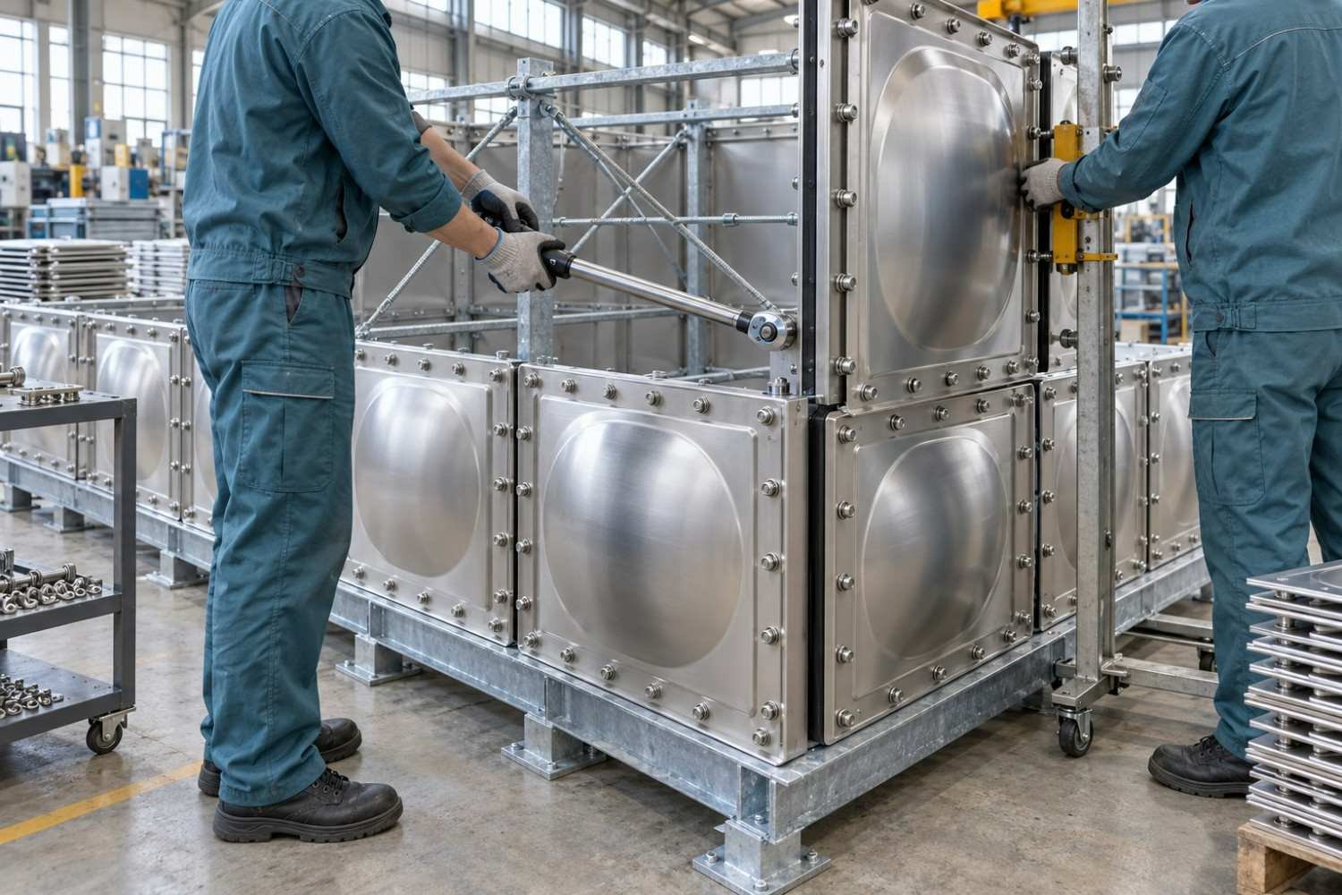 Workers bolting a steel panel water tank onto its prepared base frame