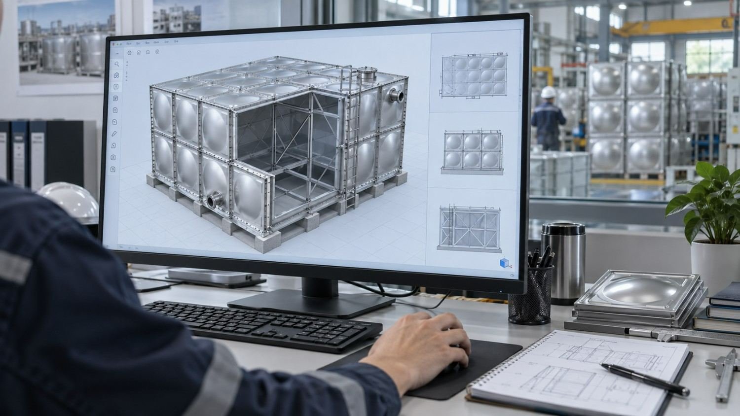 CAD layout of a sectional water tank on an LVJIA engineer screen