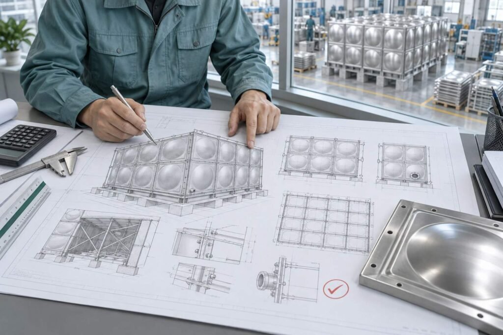 LVJIA engineer checking a sectional water tank drawing against the panel layout